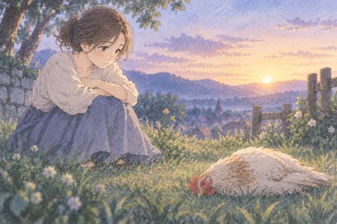 動かない鶏を静かに見つめる女性