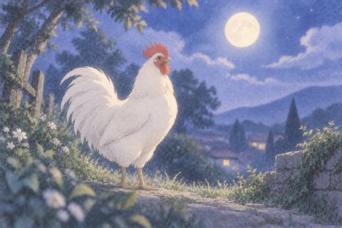 月明かりの中に立つ白い鶏