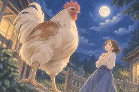 大きな鶏を見上げる女性