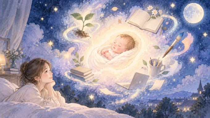 夜の光の中で生まれた赤ちゃんと新しく芽吹く小さな光を見つめる女性