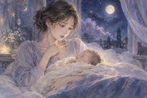 赤ちゃんを前にしながら戸惑った表情を浮かべる女性の夢の場面