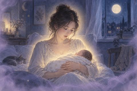 赤ちゃんを抱いているのに少し遠くを見つめる女性の夢の場面