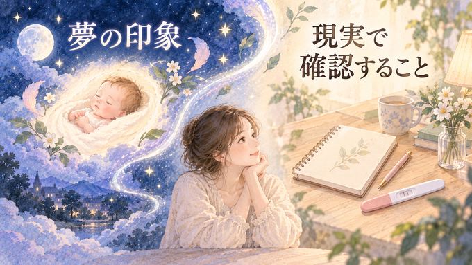 夢の赤ちゃんと現実の妊娠確認を別々に見つめる女性の図