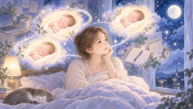 同じ赤ちゃんの夢が夜ごとに重なりながら女性の日常へつながっていく幻想的な場面
