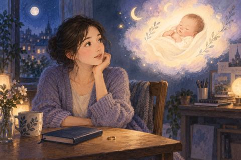 夜の部屋で結婚を連想させる指輪を横に置きながら赤ちゃんの夢を見る女性