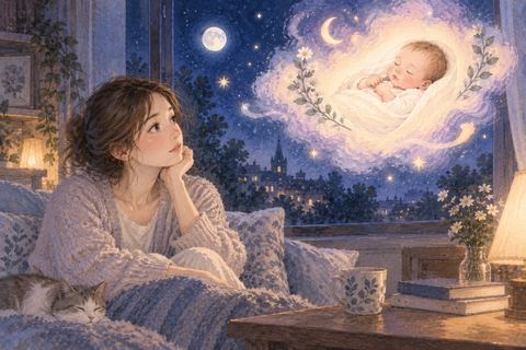 夜の窓辺で自分と赤ちゃんの夢のイメージを不思議そうに見つめる女性