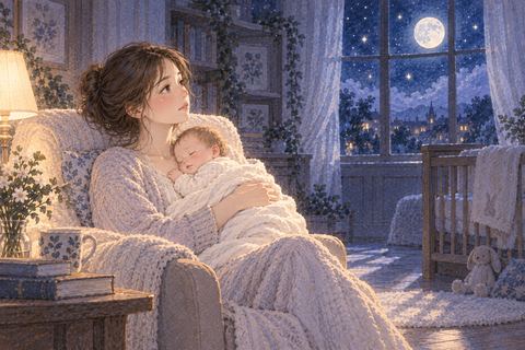 静かな夜の部屋で一人で赤ちゃんを抱え、考え込む女性