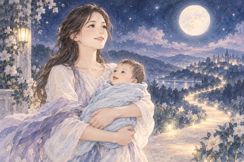 淡い光の中で男の子の赤ちゃんを見つめ、前向きな表情を浮かべる女性