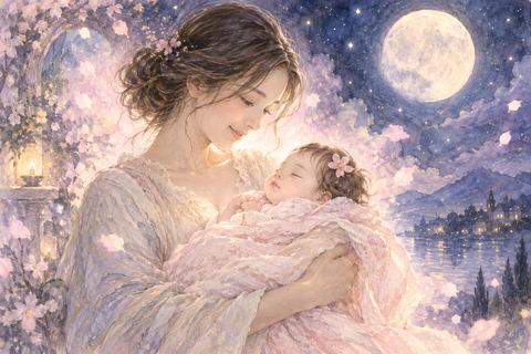 淡いピンクと月明かりの中で女の子の赤ちゃんを見つめる女性