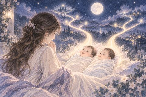 夜の光の中で双子の赤ちゃんを見つめる女性と複数の小さな光