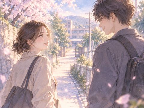 昔の通学路で再会する幼馴染の二人