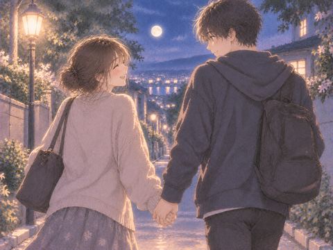 手をつないで歩く幼馴染二人
