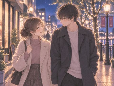 夜の街でデートする幼馴染二人