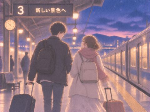 旅先へ向かう幼馴染二人と夜の駅