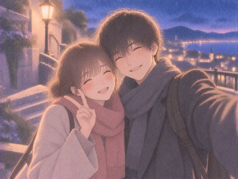 幼馴染二人が一緒に写真を撮る場面