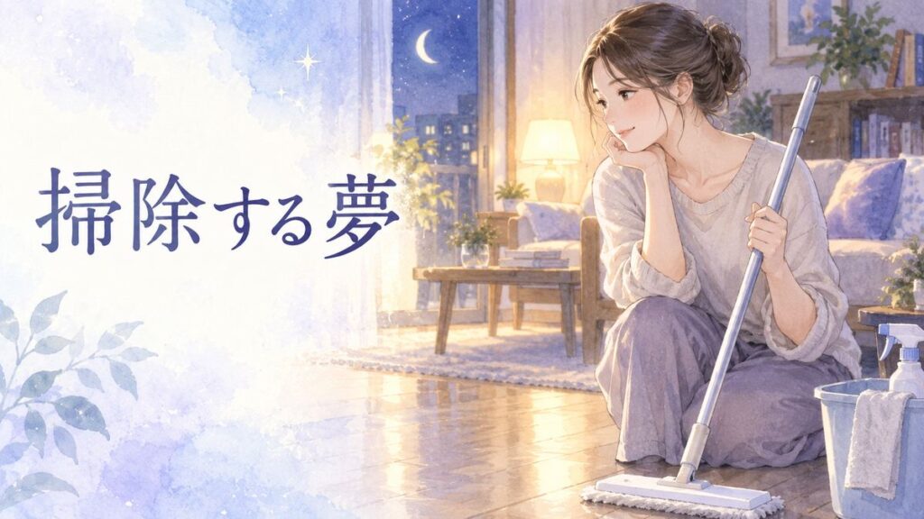 夜の部屋で掃除道具を手に床を見つめる大人の女性