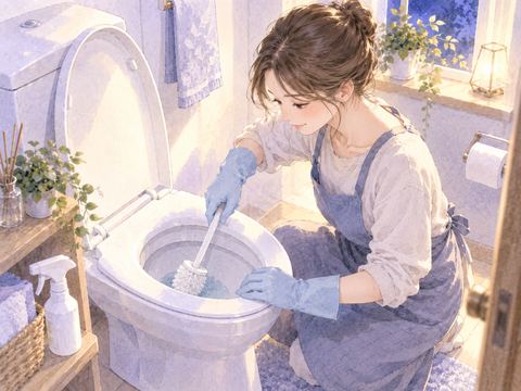 トイレの便器をブラシで丁寧に掃除している場面