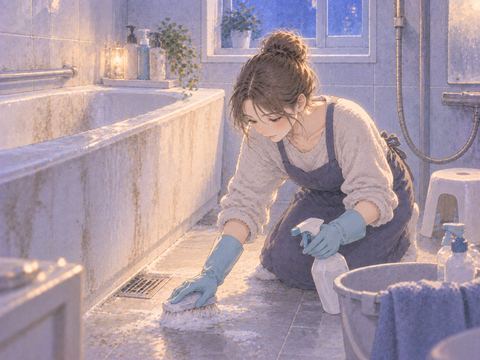 水あかのある浴室を掃除し始めている場面