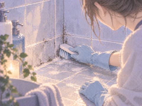 浴室の隅のカビをブラシで丁寧に落とす手元