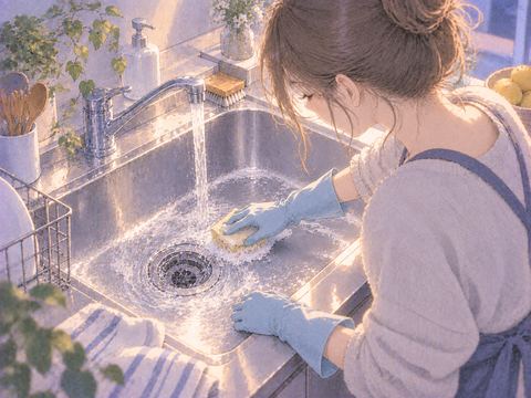 シンクと排水口の周りを丁寧に掃除する場面