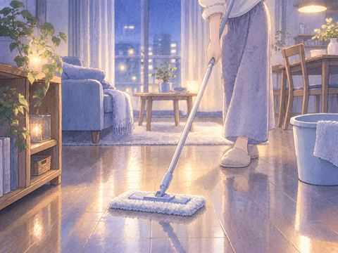 室内の床をモップで丁寧に掃除している場面