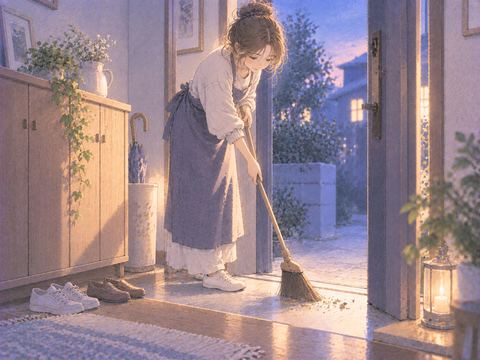 玄関の土やほこりを外へ掃き出している場面