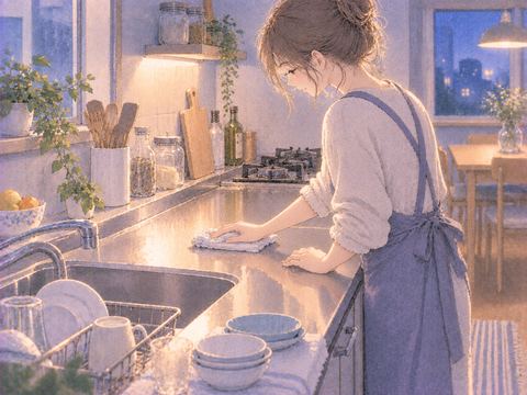 台所の調理台を布で拭いて整えている場面