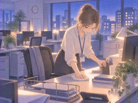 夜のオフィスで自分の机周りを掃除する女性