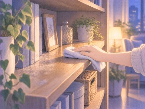 棚の隅に積もったほこりを布で拭き取る手元