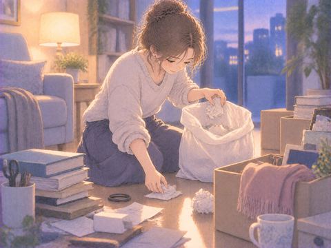 不要な物を選んでゴミ袋へ片づけている場面
