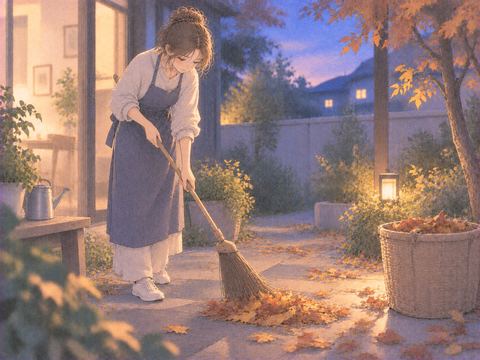 庭の落ち葉をほうきで静かに集めている場面