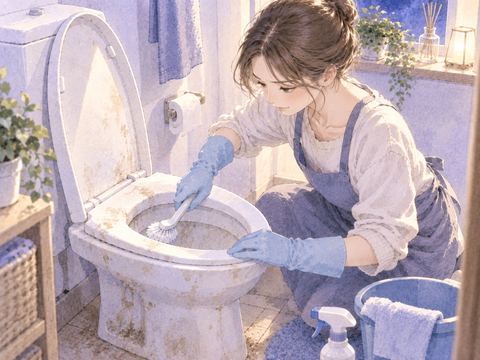 汚れの目立つトイレを掃除し始めている場面
