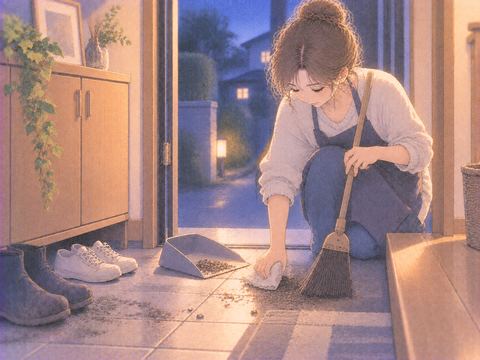 玄関に入り込んだ砂と泥を掃除している場面