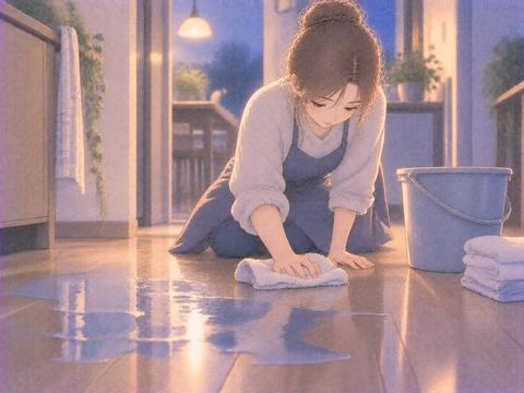水浸しの床から水を拭き取っている場面