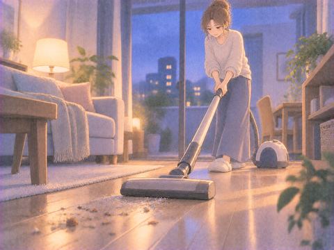 床の細かなごみを掃除機で吸い取っている場面