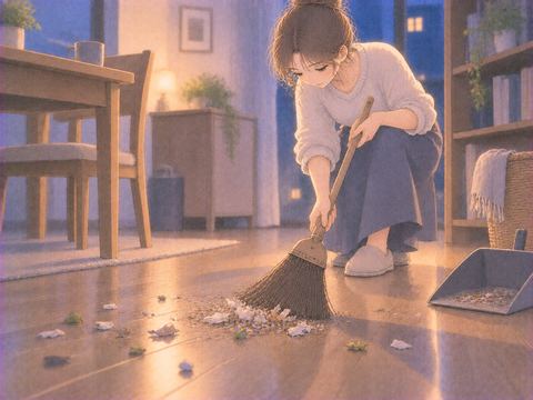 ほうきで散らばったごみを一か所へ集める場面