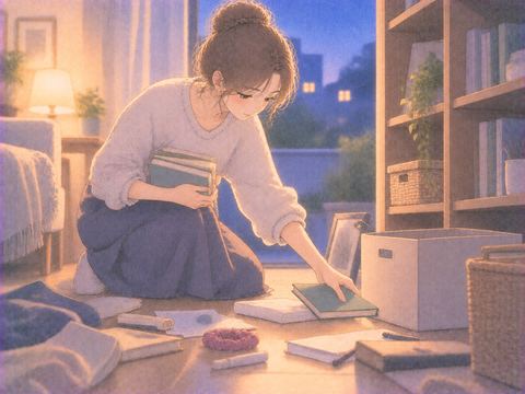 床の物を一つずつ手で選んで片づける場面