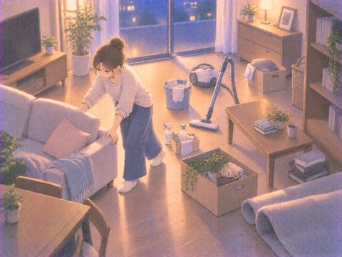 家具を動かして部屋全体を大掃除している場面
