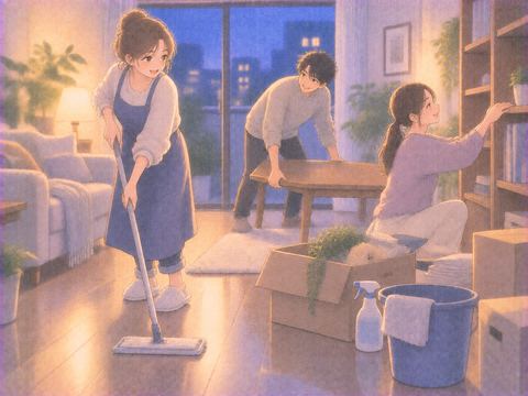 数人が役割を分けて同じ部屋を掃除する場面