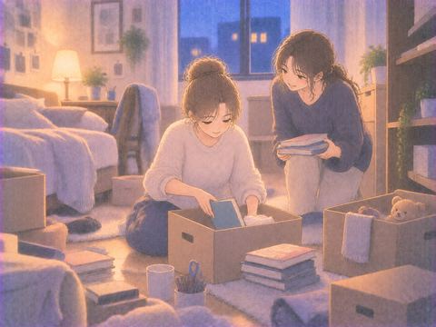 二人で一人の部屋の片づけを進めている場面