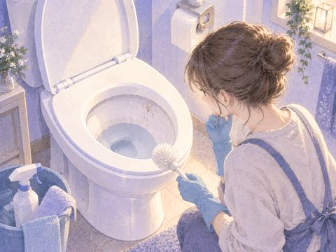 掃除したトイレに一部の汚れが残っている場面