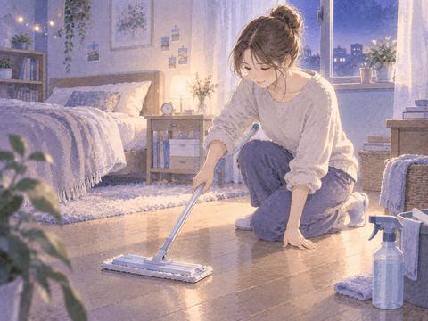 自分の部屋で床や身の回りを掃除する女性