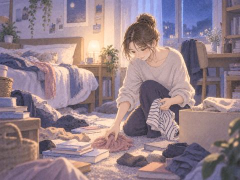 散らかった部屋で物を片づけ始める女性
