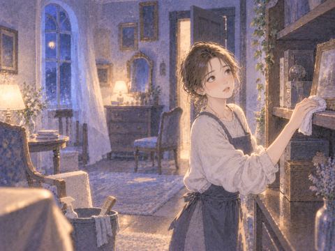 見覚えのない部屋を不思議そうに掃除する女性