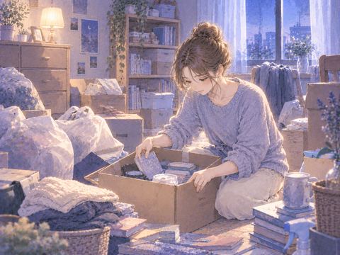 物が積み重なった部屋で一つずつ片づける場面
