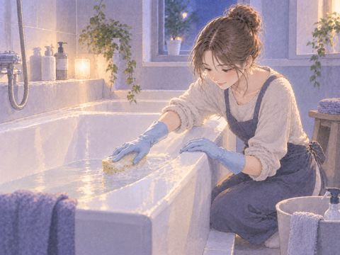 浴槽をスポンジで丁寧に掃除している場面