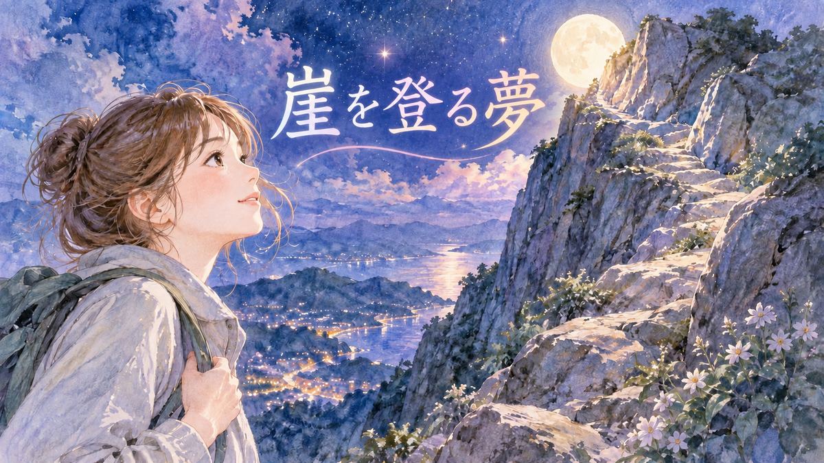 月夜の崖を見上げる大人の女性と登っていく夢の情景