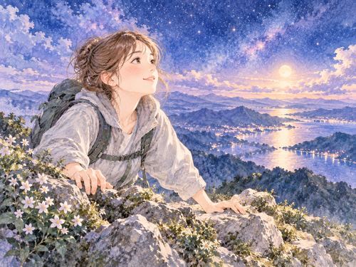 崖の頂上へ登りきり景色を見渡す女性
