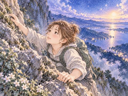 険しい崖にしっかりつかまり懸命に登る女性