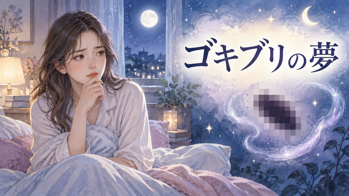 夜の部屋で夢の余韻を感じる女性とモザイクでぼかされたゴキブリの気配